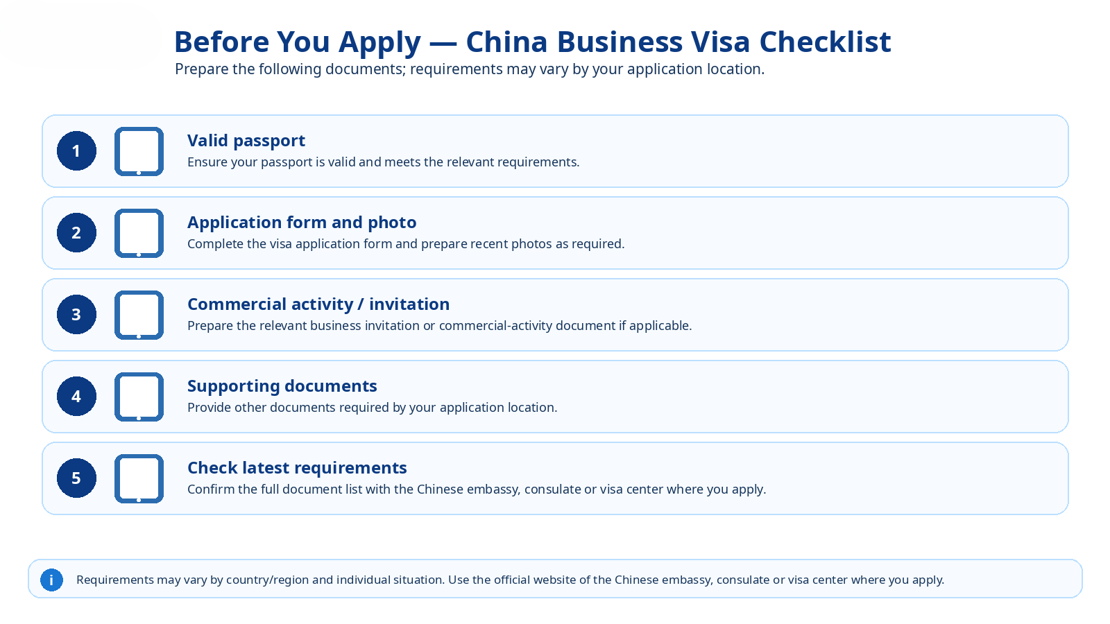 Pre-application checklist for a China business visa, including passport, application form, invitation and supporting documents.